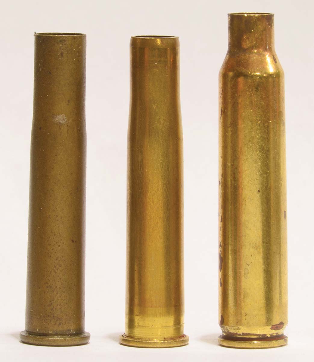 Cases for the 25-20 Single Shot (left to right): an original case, Hayley’s manufactured case and the 223 Remington from which it is made.
